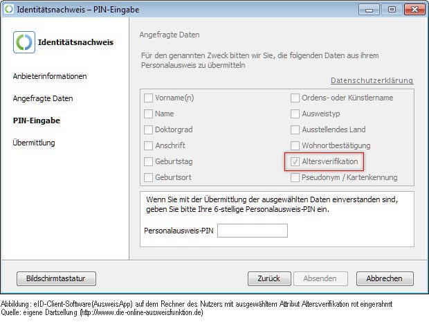 eID-Client-Software (AusweisApp) auf dem Rechner des Nutzers mit ausgewähltem Attribut Altersverfikation (Altersverifikations-Funktion)