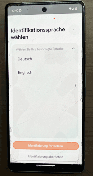 IDnow App - Auswahl der Sprache