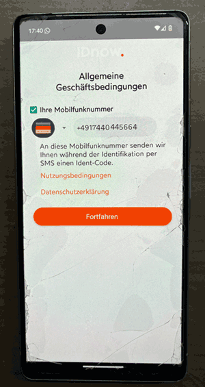 IDnow App - Eingabe der Smartphonenummer